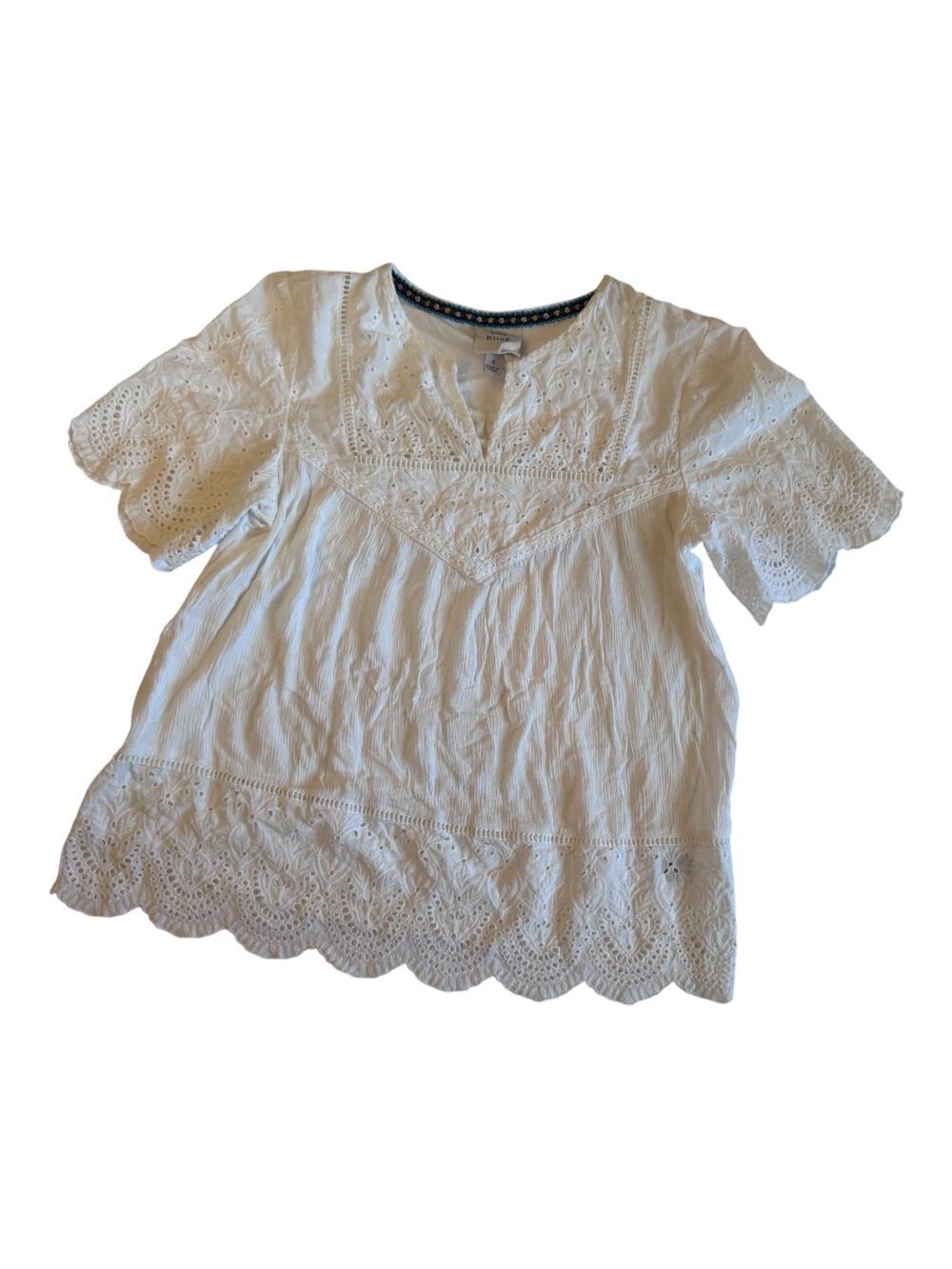 White Eyelet Embroidered Blouse Small Boho Cottagecore Flutter Sleeve